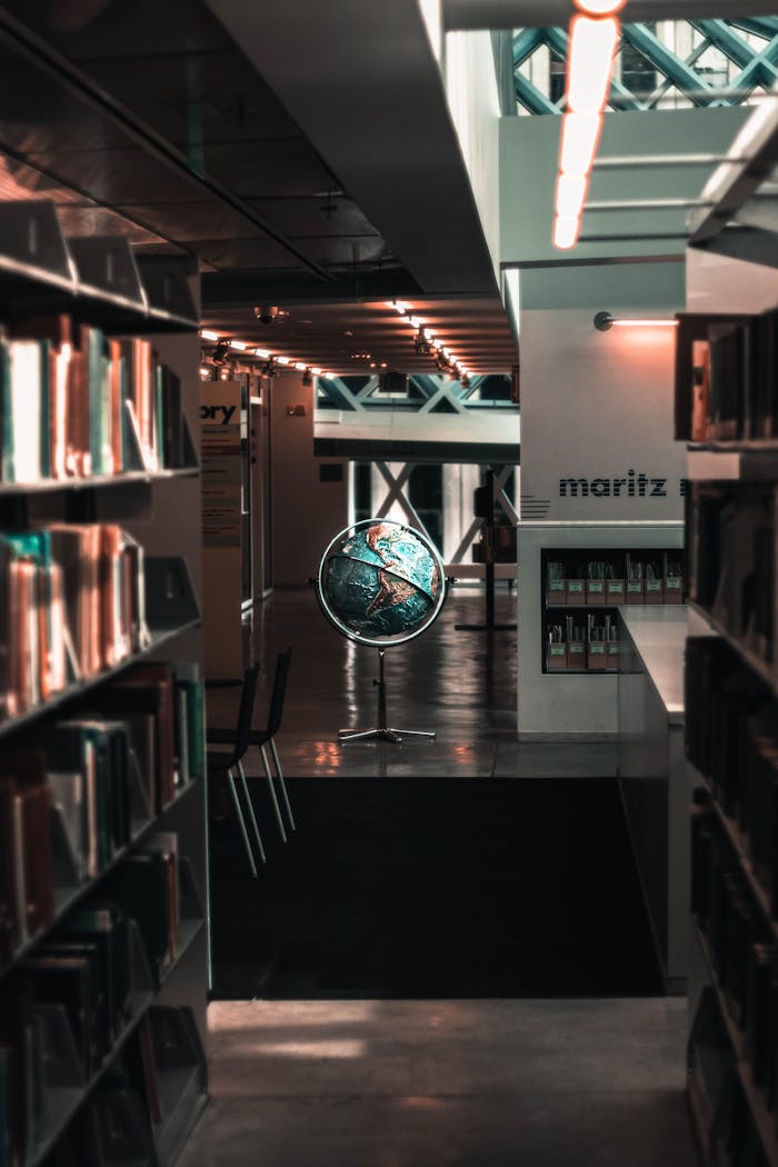 A modern library space featuring a decorative globe and bookshelves under ambient lighting.